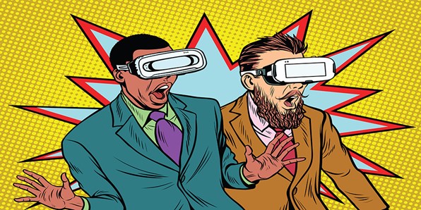 Two guys wearing VR glasses pop art